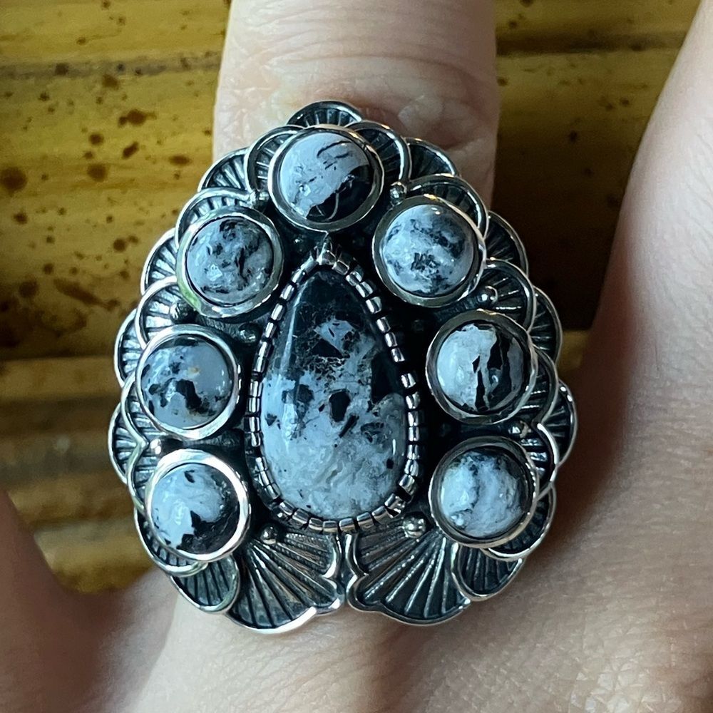 Genuine White Buffalo Sterling Silver Cocktail Ring Size 7
